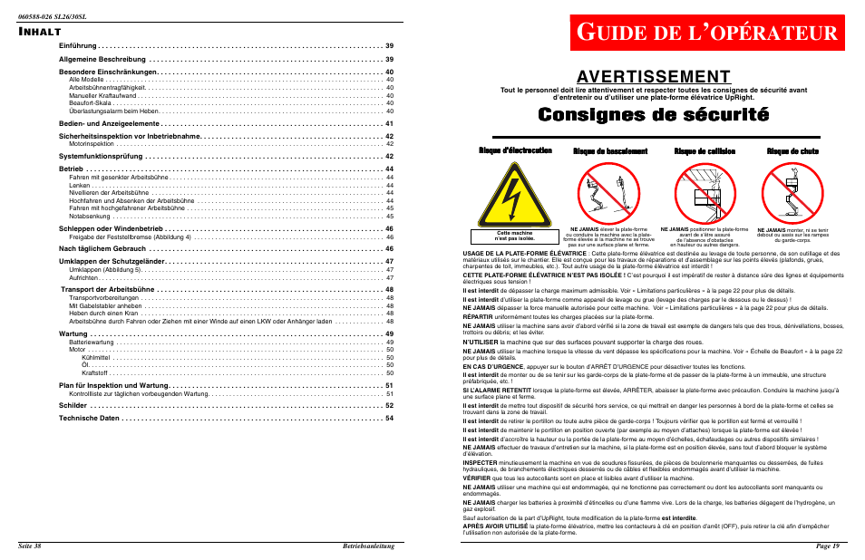 Uide de l, Opérateur, Avertissement | Consignes de sécurité | Snorkel SL30SL-sn13772-49999 User Manual | Page 21 / 30