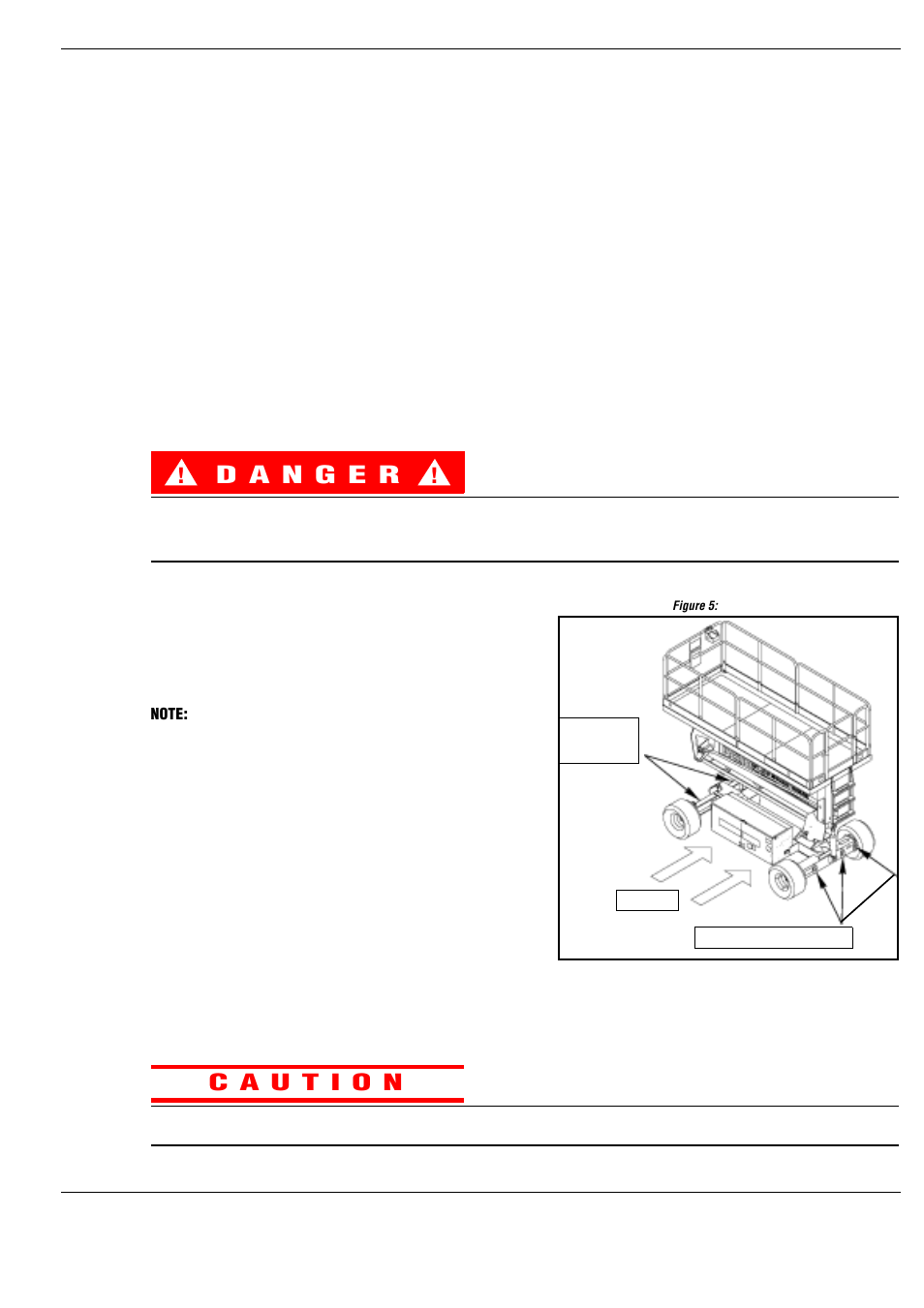 Transporting the work platform, Preparation for shipment, Fully lower the platform | Band the controller to the front guardrail, Band the elevating linkage to the frame, Lifting by crane, Chock the wheels, By forklift, Forklifting is for transport only, Figure 5: transporting the work platform | Snorkel SL30SL-sn50001+ User Manual | Page 17 / 104