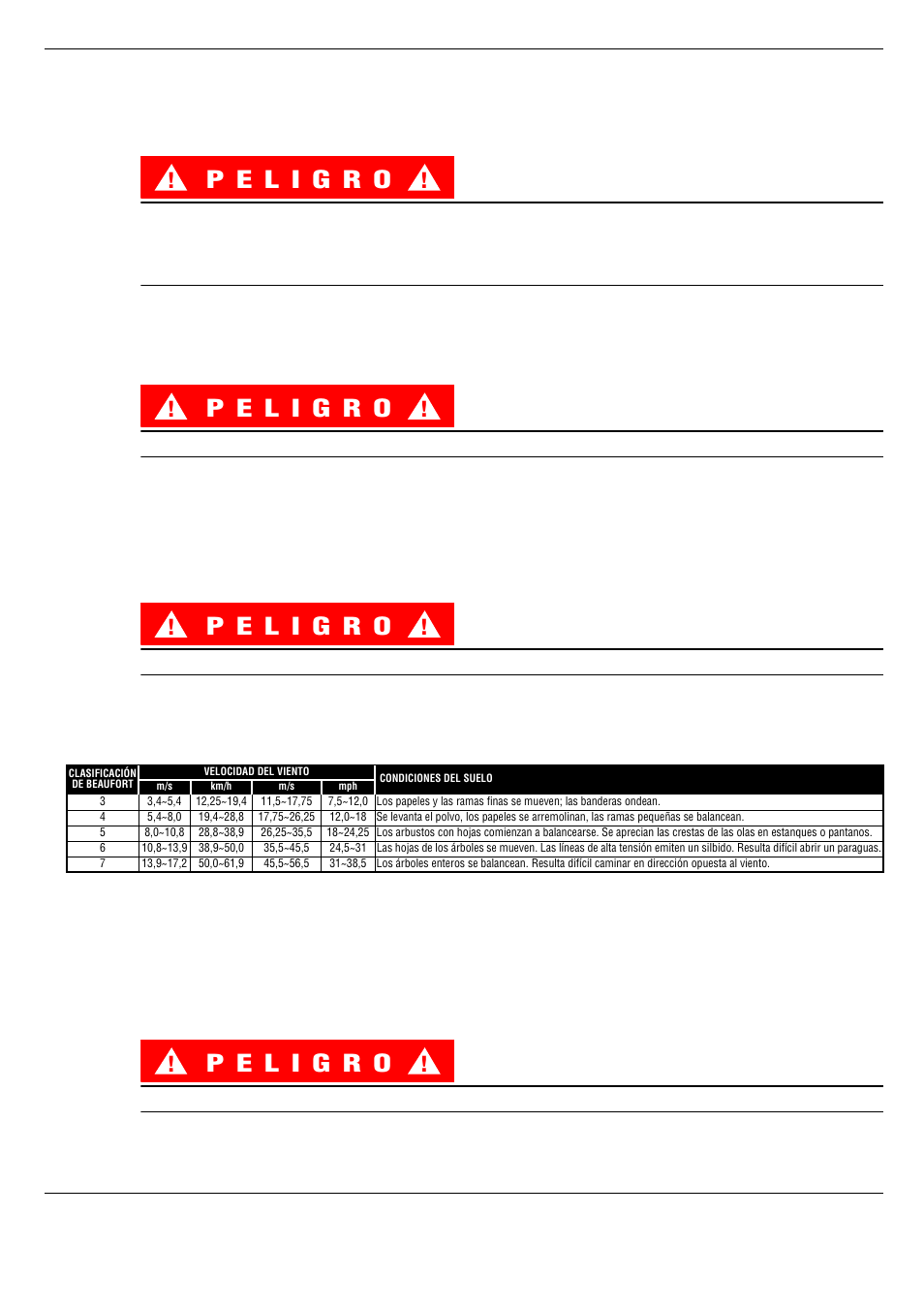 Limitaciones especiales, Capacidad de la plataforma, Fuerza manual | Escala de beaufort, Alarma de sobrecarga de ascenso, Imitaciones, Especiales | Snorkel SL30SL-sn50001+ User Manual | Page 68 / 104