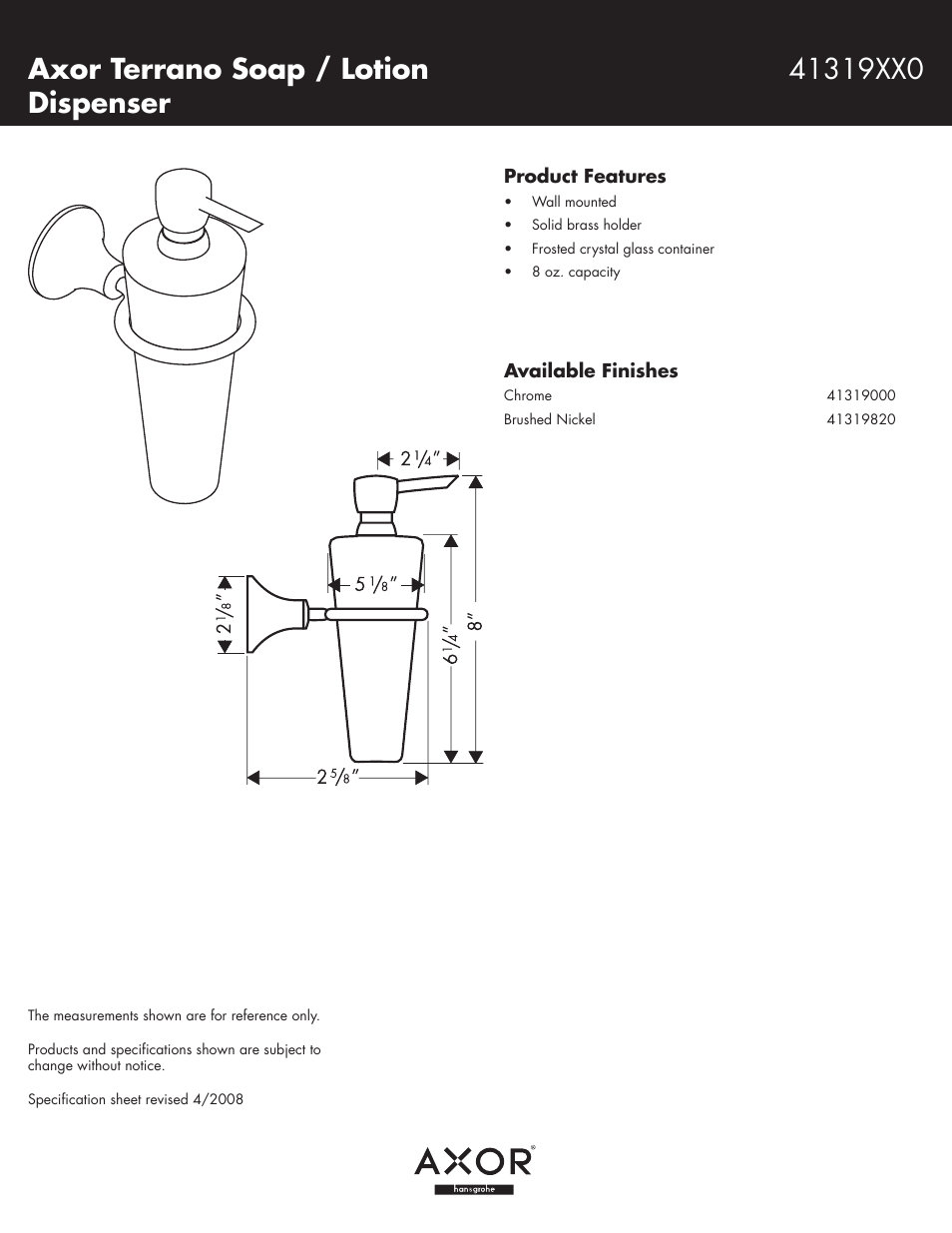 Axor Terrano Soap / Lotion Dispenser User Manual | 1 page