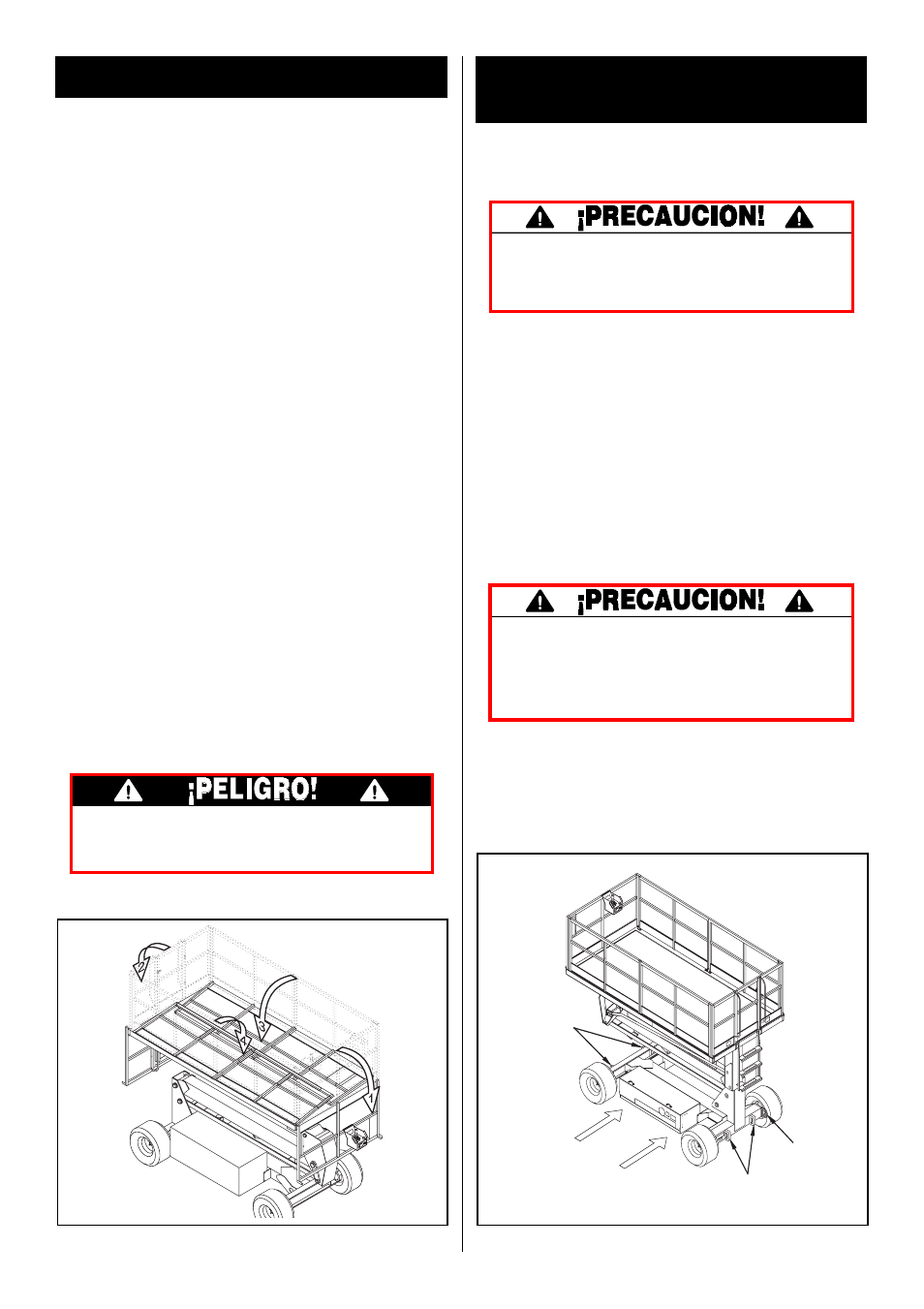 Barandillas plegables, Transporte de la plataforma de trabajo, Procedimiento para plegarlas (figura 4) | Procedimiento de erección, Por montacarga, Por grúa, Por camión | Snorkel SL30SL-sn9600-11199 User Manual | Page 30 / 36