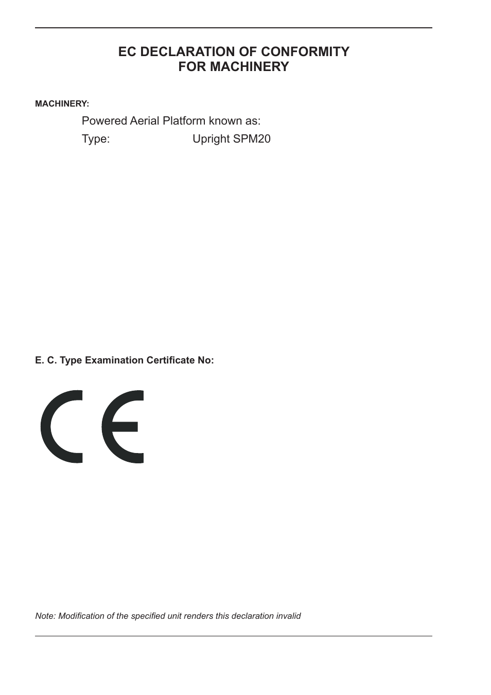 Ec declaration of conformity for machinery | Snorkel SPM20 CE-sn0001+ User Manual | Page 3 / 64
