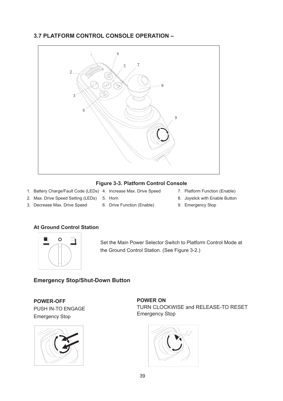 7 platform control console operation, Emergency stop/shut-down button | Snorkel SPM20 CE-sn0001+ User Manual | Page 42 / 64
