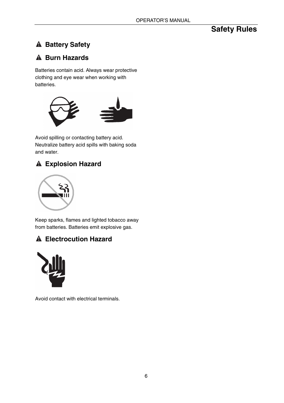 Safety rules, Battery safety burn hazards, Explosion hazard | Electrocution hazard | Snorkel SPX10 User Manual | Page 10 / 38