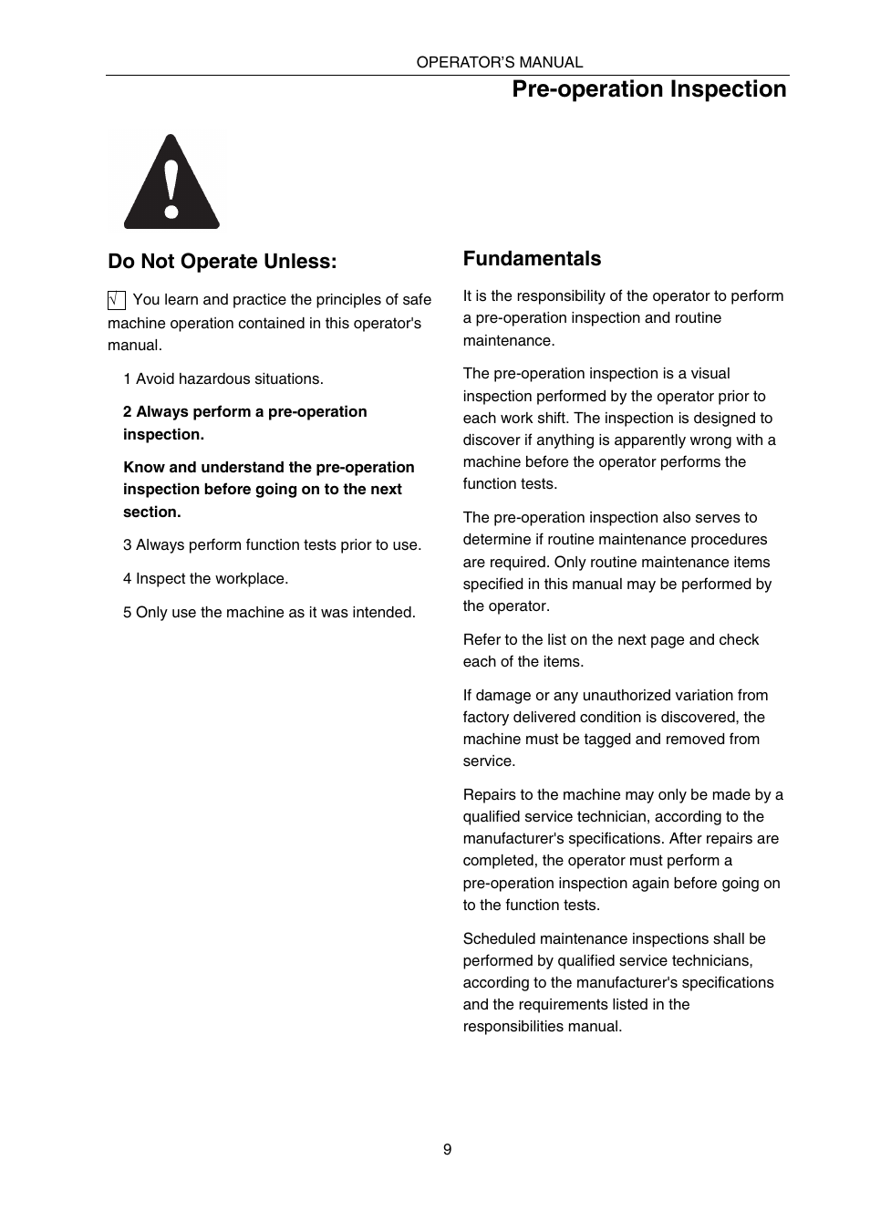 Pre-operation inspection | Snorkel SPX10 User Manual | Page 13 / 38