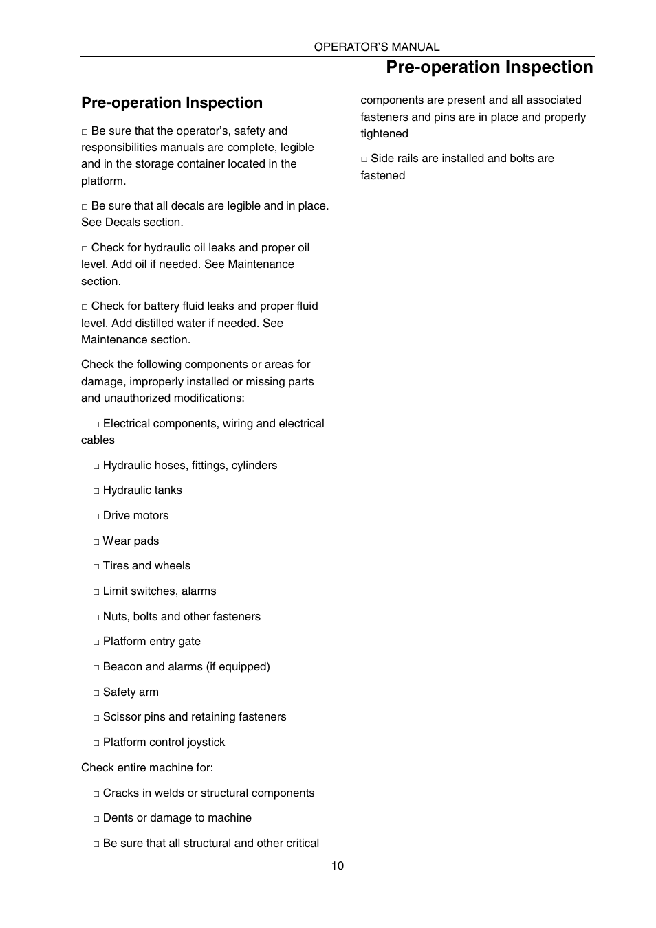 Pre-operation inspection | Snorkel SPX10 User Manual | Page 14 / 38