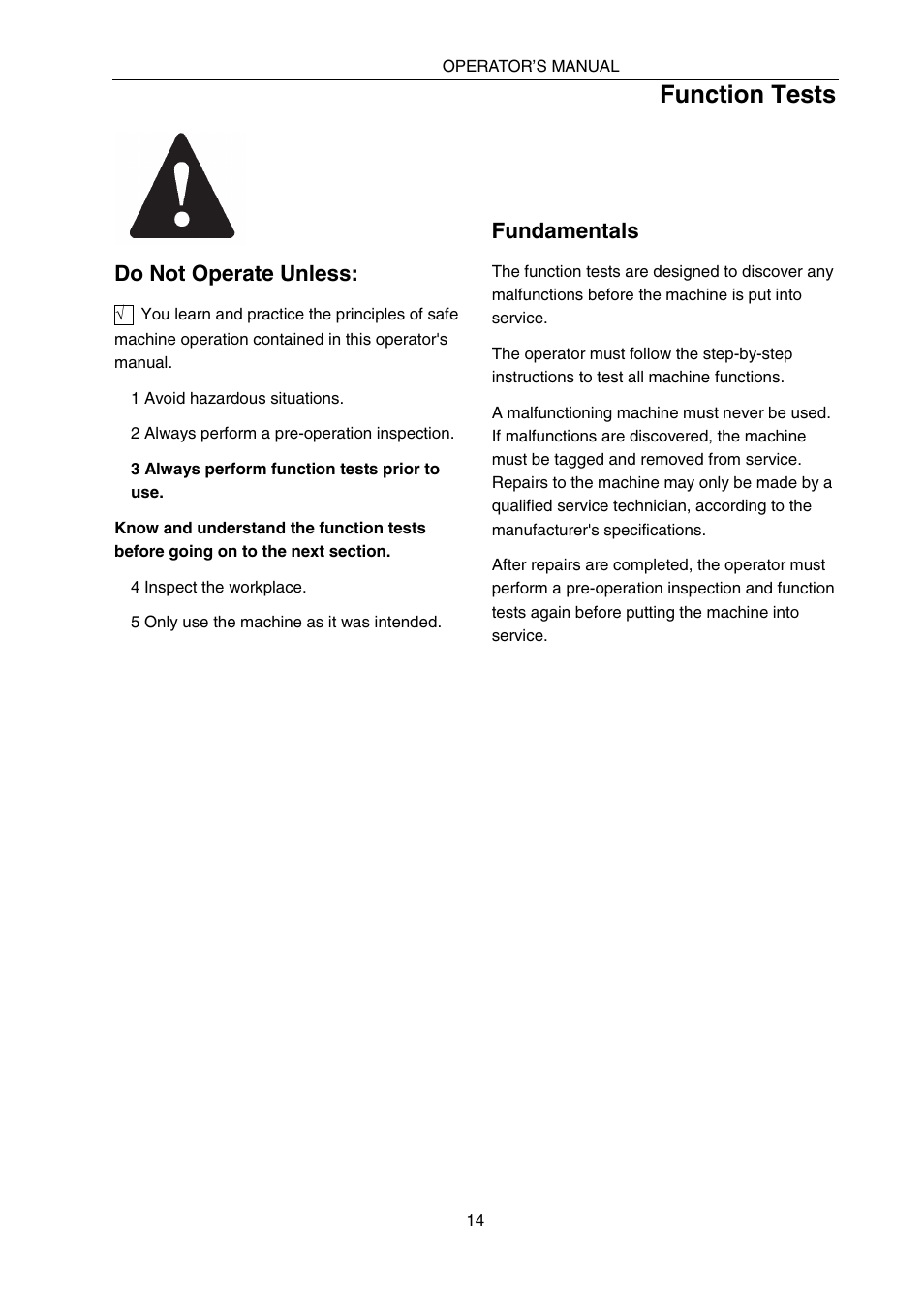 Function tests, Do not operate unless, Fundamentals | Snorkel SPX10 User Manual | Page 18 / 38