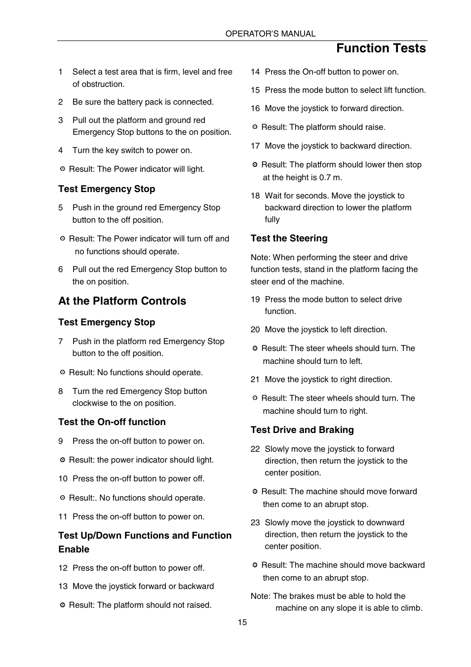 Function tests, At the platform controls | Snorkel SPX10 User Manual | Page 19 / 38