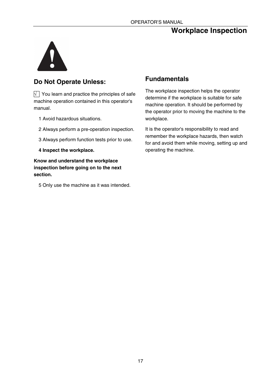 Workplace inspection | Snorkel SPX10 User Manual | Page 21 / 38