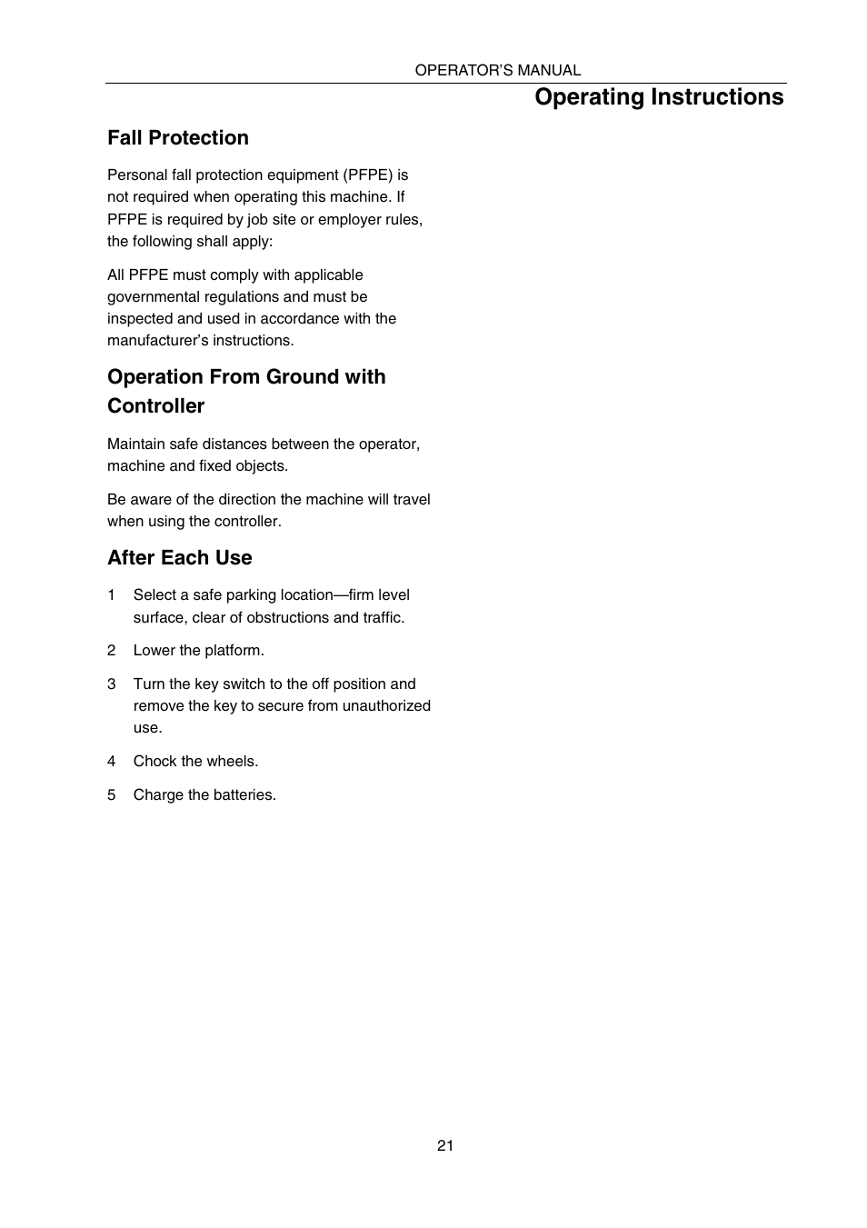 Operating instructions, Fall protection, Operation from ground with controller | After each use | Snorkel SPX10 User Manual | Page 25 / 38