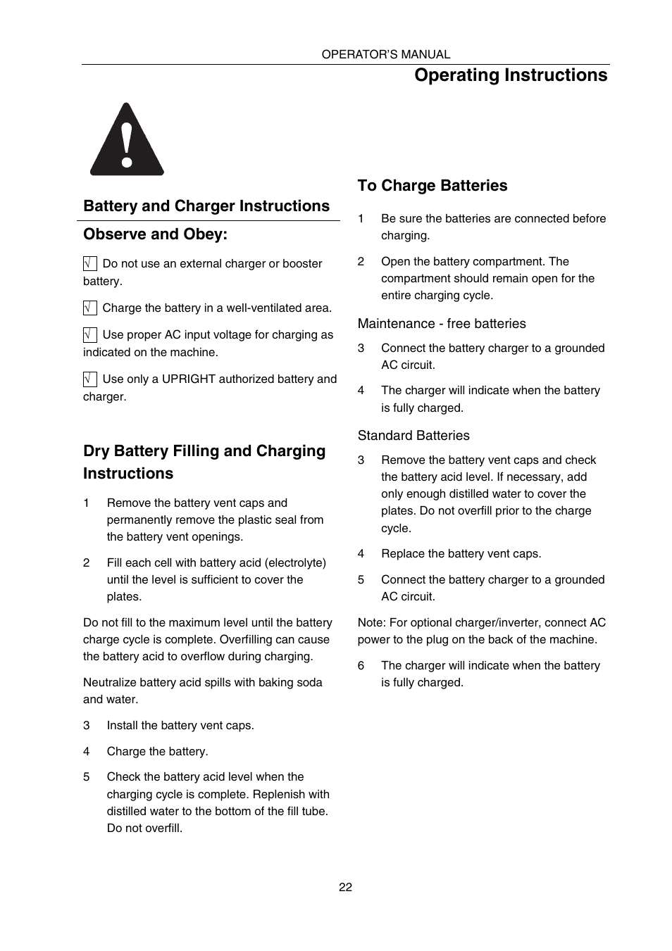 Operating instructions, Battery and charger instructions, Observe and obey | Dry battery filling and charging instructions | Snorkel SPX10 User Manual | Page 26 / 38