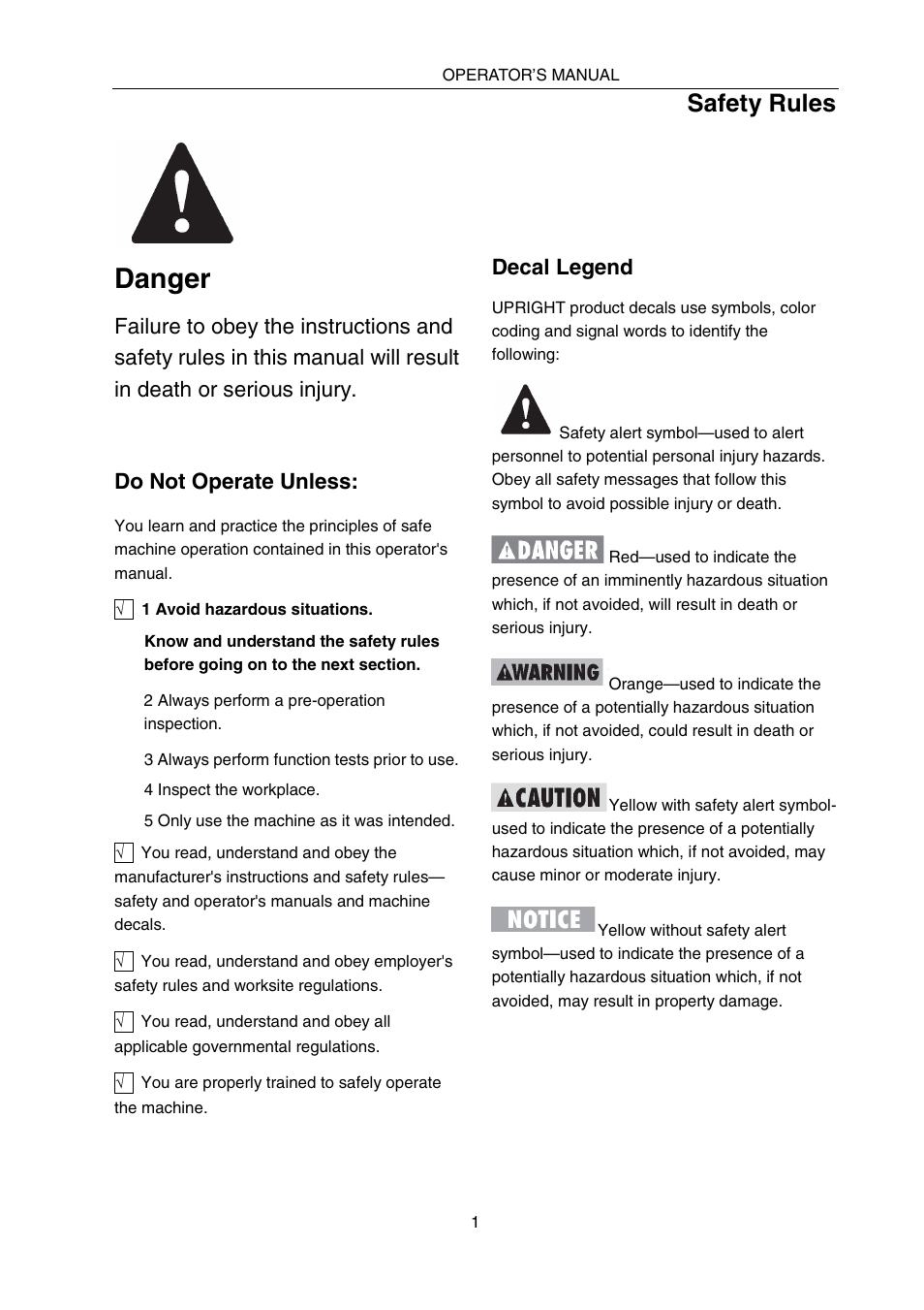 Danger, Safety rules, Decal legend | Snorkel SPX10 User Manual | Page 5 / 38