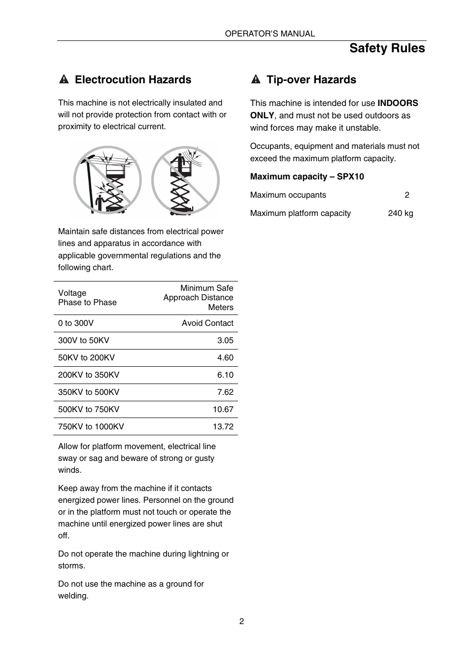 Safety rules, Electrocution hazards, Tip-over hazards | Snorkel SPX10 User Manual | Page 6 / 38