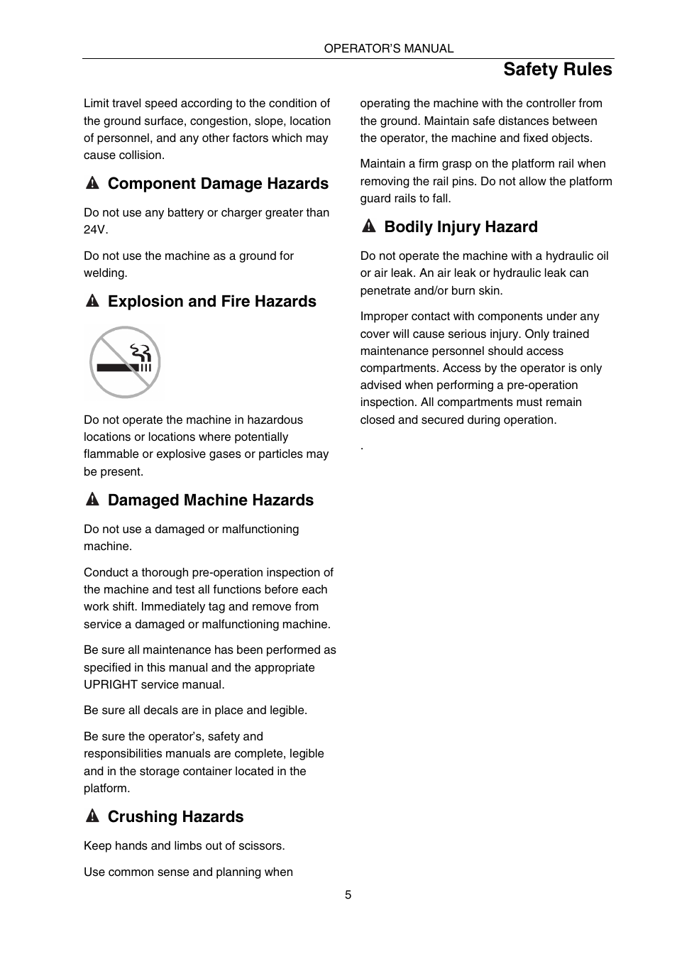 Safety rules, Component damage hazards, Explosion and fire hazards | Damaged machine hazards, Crushing hazards, Bodily injury hazard | Snorkel SPX10 User Manual | Page 9 / 38