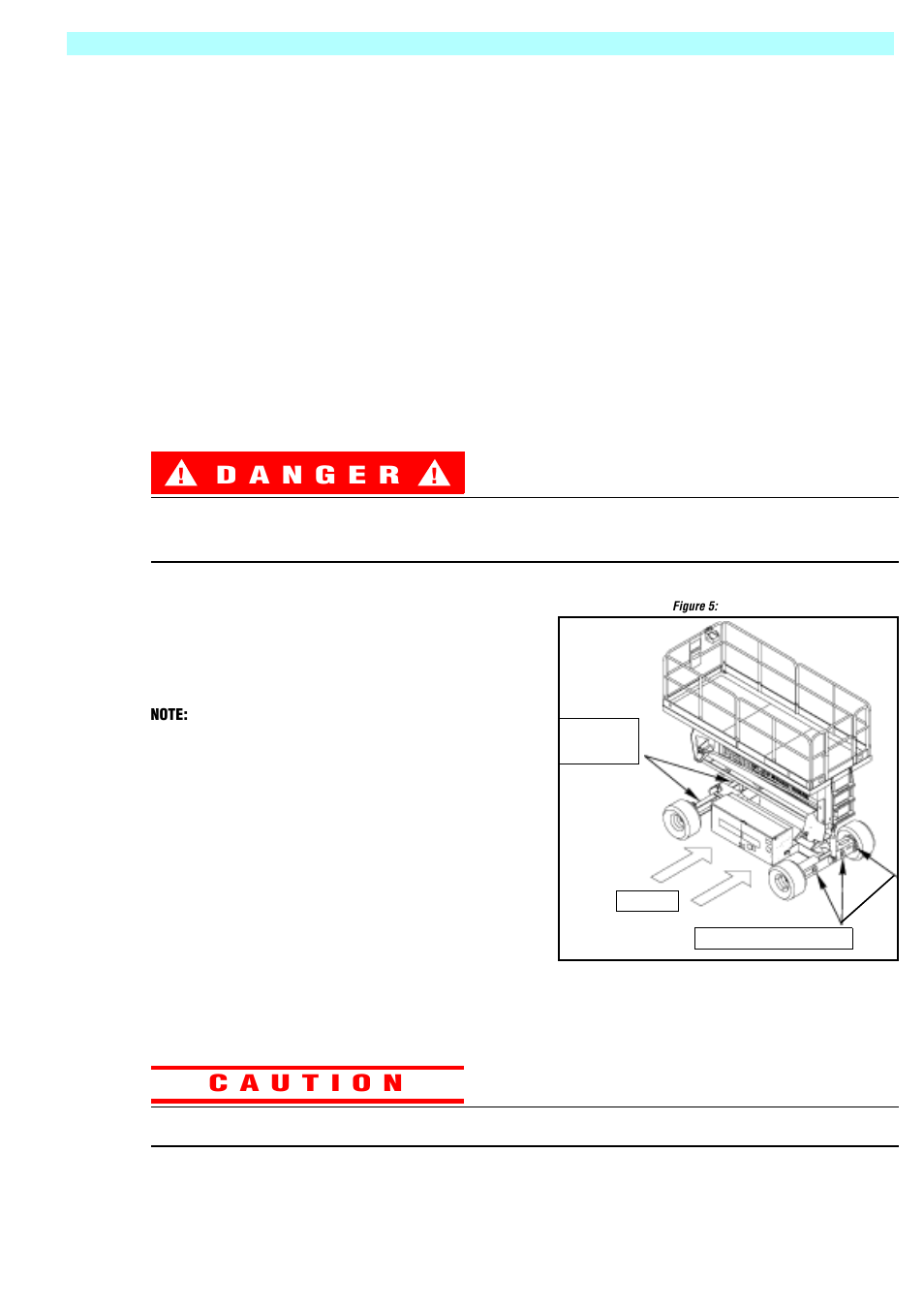 Transporting the work platform, Preparation for shipment, Fully lower the platform | Band the controller to the front guardrail, Band the elevating linkage to the frame, Lifting by crane, Chock the wheels, By forklift, Forklifting is for transport only, Figure 5: transporting the work platform | Snorkel SR3084SL User Manual | Page 17 / 68