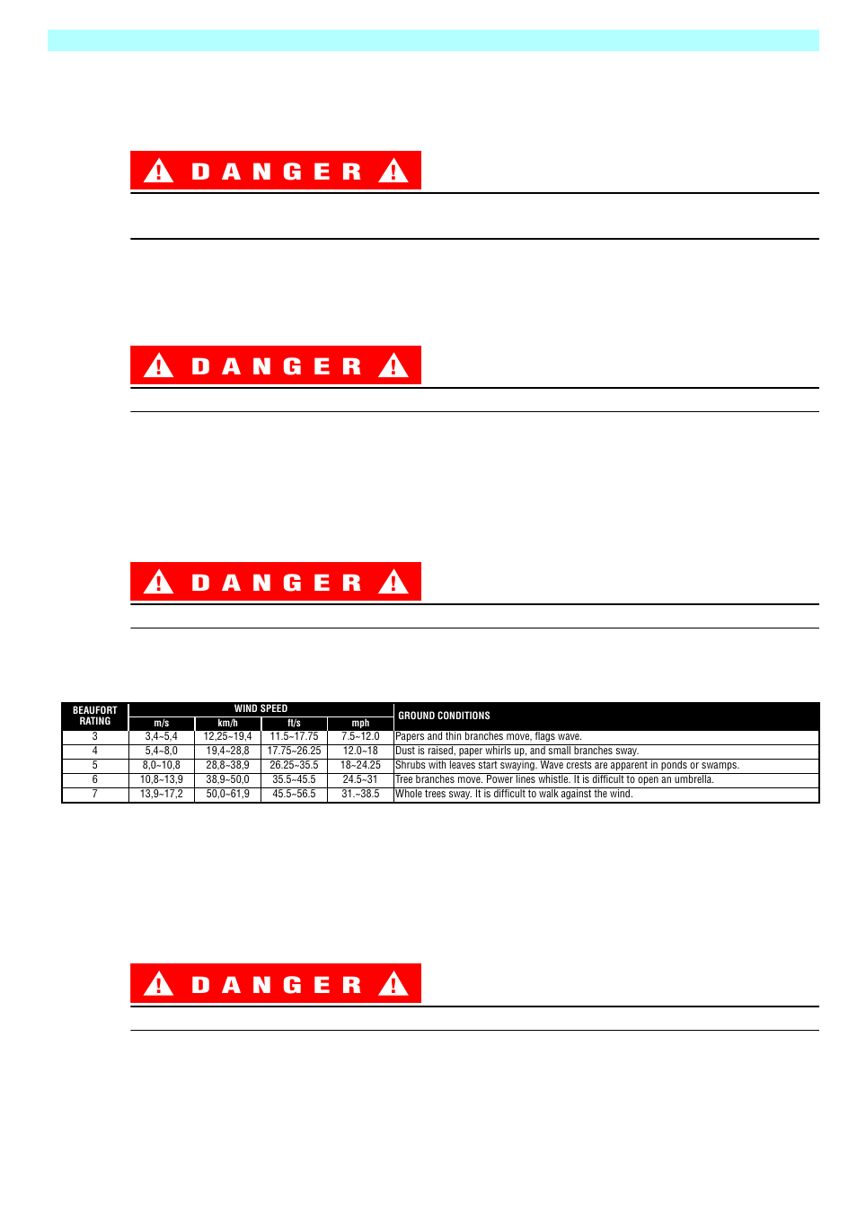 Special limitations, Platform capacity, Manual force | Beaufort scale, Lift overload alarm, Restrictions spéciales, Capacité de la plate-forme, Force manuelle, Échelle de beaufort, Alarme de surcharge de levage | Snorkel SR3084SL User Manual | Page 8 / 68