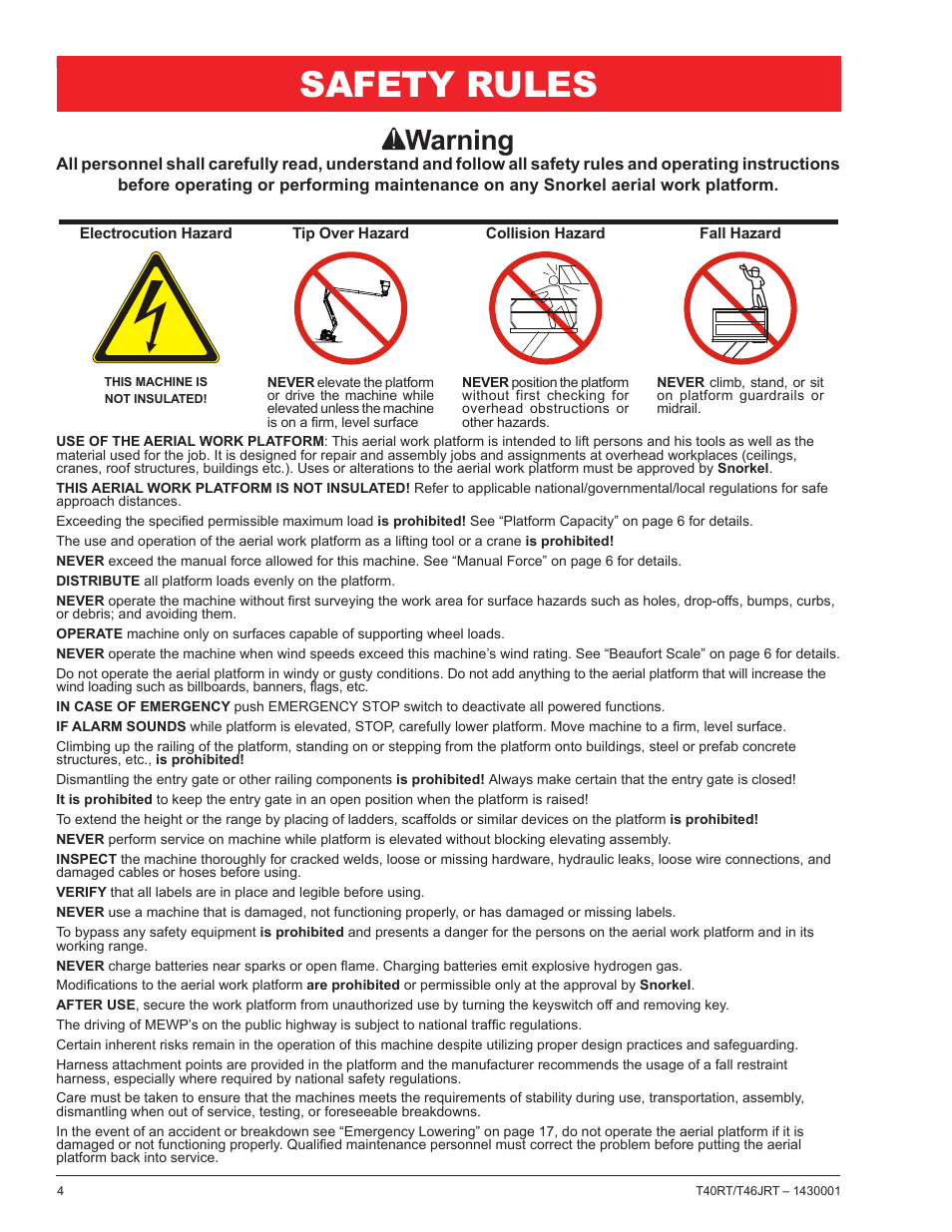 Safety rules, Warning | Snorkel T46JRT User Manual | Page 6 / 30