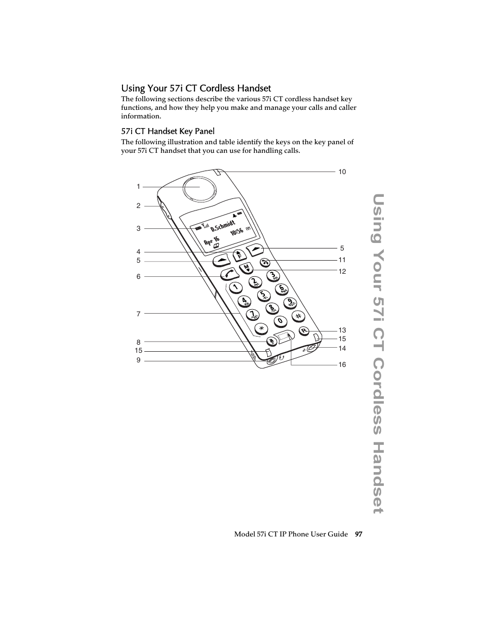 Using your 57i ct cordless handset, 57i ct handset key panel | Aastra Telecom 57i CT IP Phone User Manual | Page 105 / 166