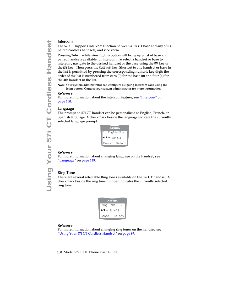 Intercom, Language, Ring tone | Using your 57i ct cordless handset | Aastra Telecom 57i CT IP Phone User Manual | Page 108 / 166