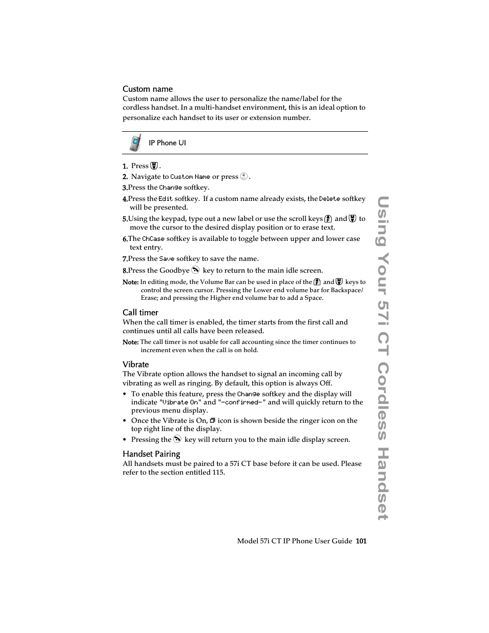 Custom name, Call timer, Vibrate | Handset pairing, Using your 57i ct cordless handset | Aastra Telecom 57i CT IP Phone User Manual | Page 109 / 166
