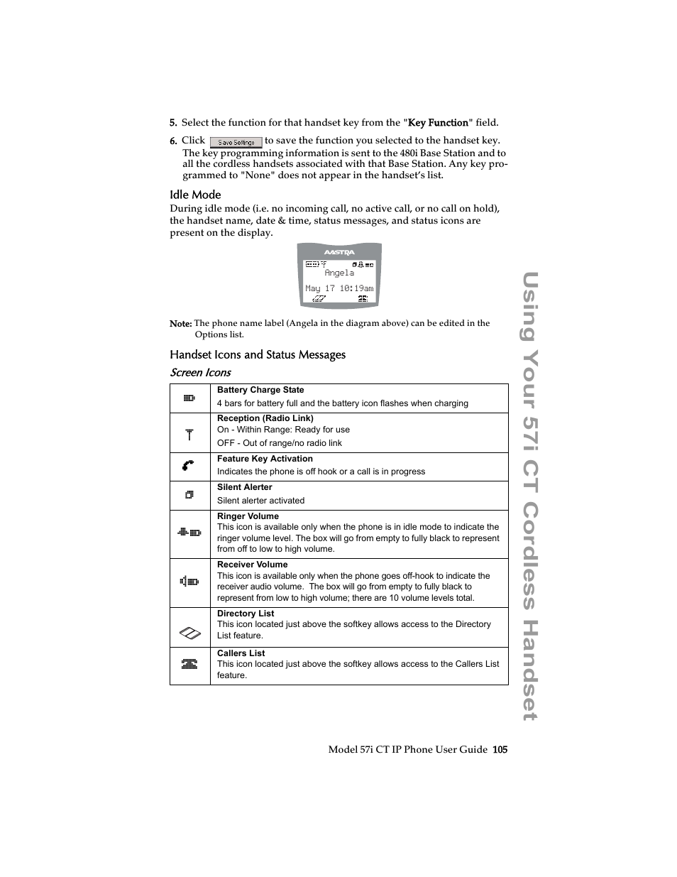 Idle mode, Handset icons and status messages, Screen icons | Using your 57i ct cordless handset | Aastra Telecom 57i CT IP Phone User Manual | Page 113 / 166
