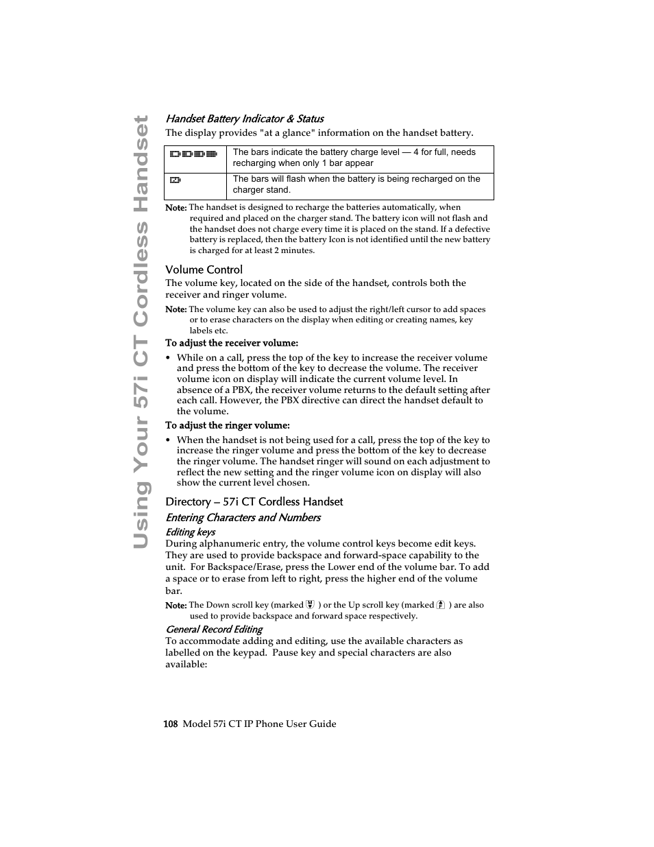 Handset battery indicator & status, Volume control, Directory – 57i ct cordless handset | Entering characters and numbers, Using your 57i ct cordless handset | Aastra Telecom 57i CT IP Phone User Manual | Page 116 / 166