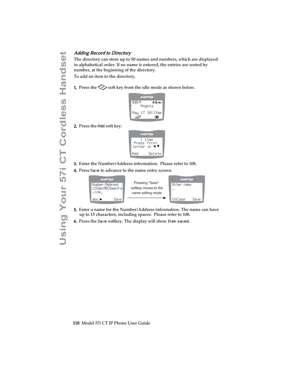 Adding record to directory, Using your 57i ct cordless handset | Aastra Telecom 57i CT IP Phone User Manual | Page 118 / 166