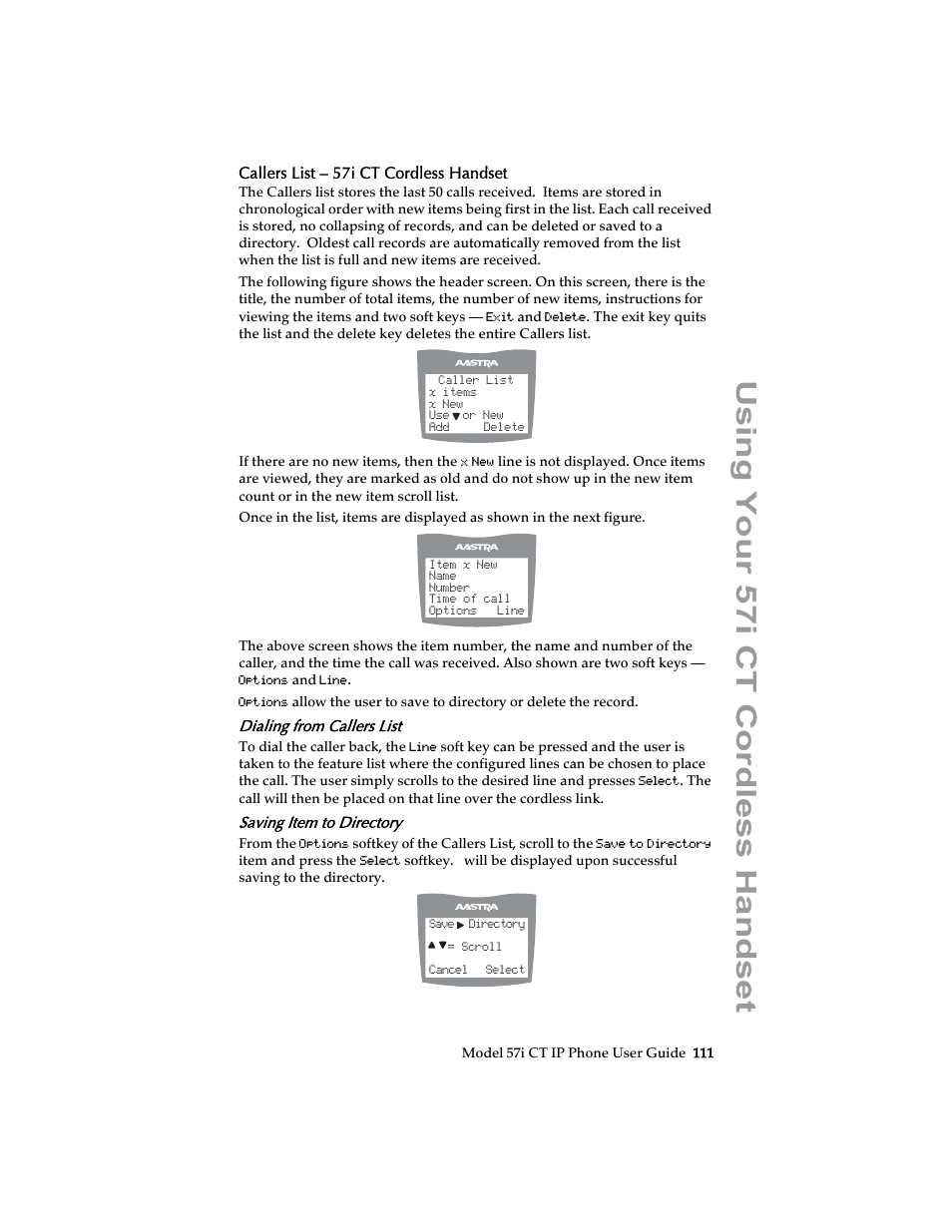 Callers list – 57i ct cordless handset, Dialing from callers list, Saving item to directory | Using your 57i ct cordless handset | Aastra Telecom 57i CT IP Phone User Manual | Page 119 / 166