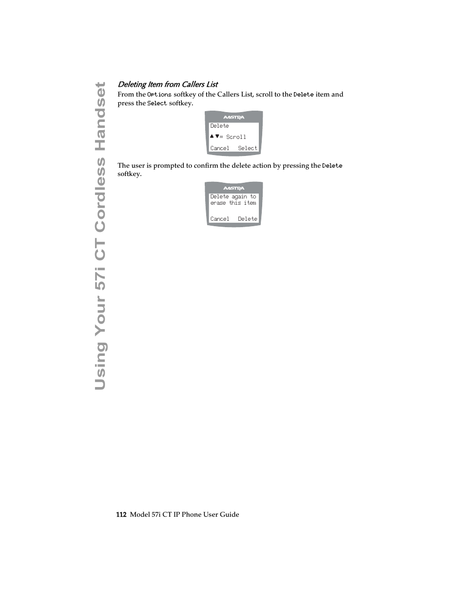 Deleting item from callers list, Using your 57i ct cordless handset | Aastra Telecom 57i CT IP Phone User Manual | Page 120 / 166