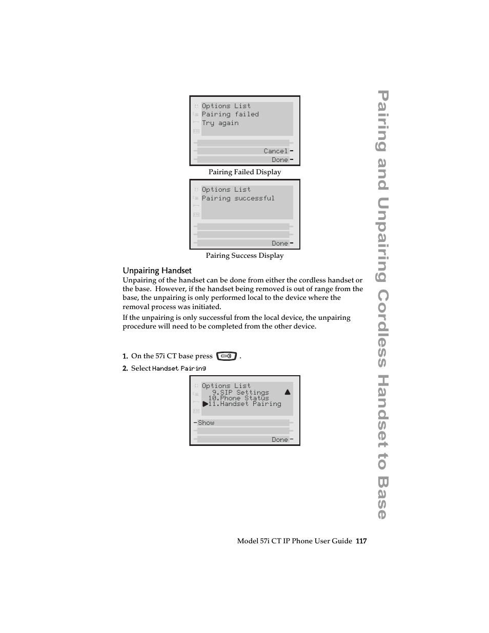 Unpairing handset, Pairing and unpairing cordless handset to base | Aastra Telecom 57i CT IP Phone User Manual | Page 125 / 166