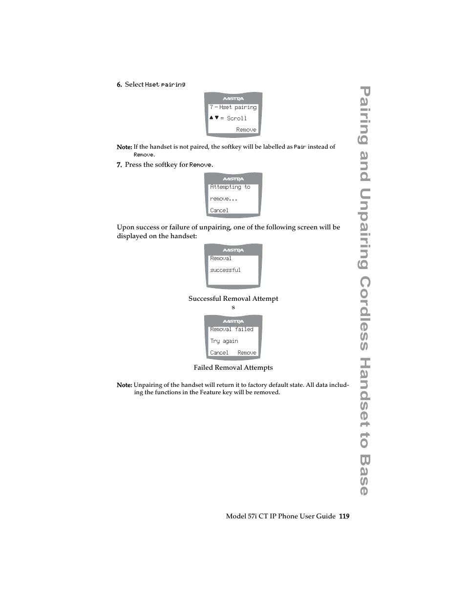 Pairing and unpairing cordless handset to base | Aastra Telecom 57i CT IP Phone User Manual | Page 127 / 166