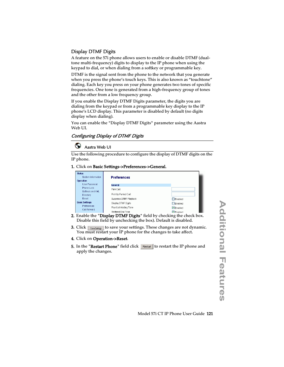 Display dtmf digits, Configuring display of dtmf digits, Additional features | Aastra Telecom 57i CT IP Phone User Manual | Page 129 / 166