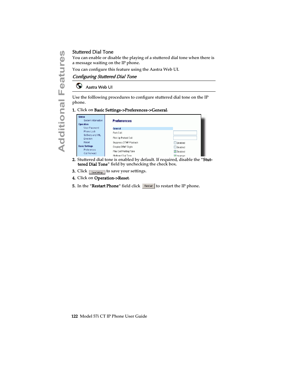 Stuttered dial tone, Configuring stuttered dial tone, Additional features | Aastra Telecom 57i CT IP Phone User Manual | Page 130 / 166