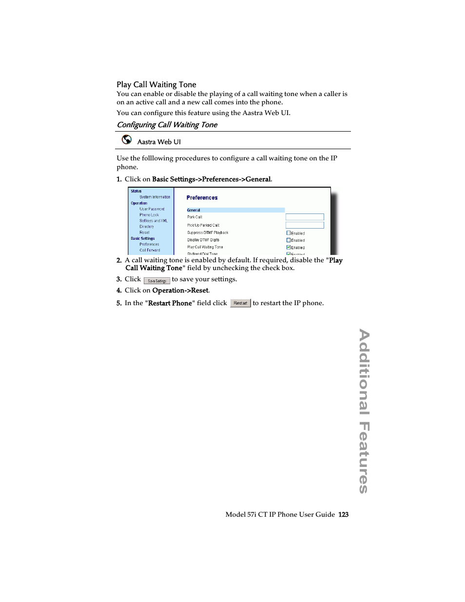 Play call waiting tone, Configuring call waiting tone, Additional features | Aastra Telecom 57i CT IP Phone User Manual | Page 131 / 166