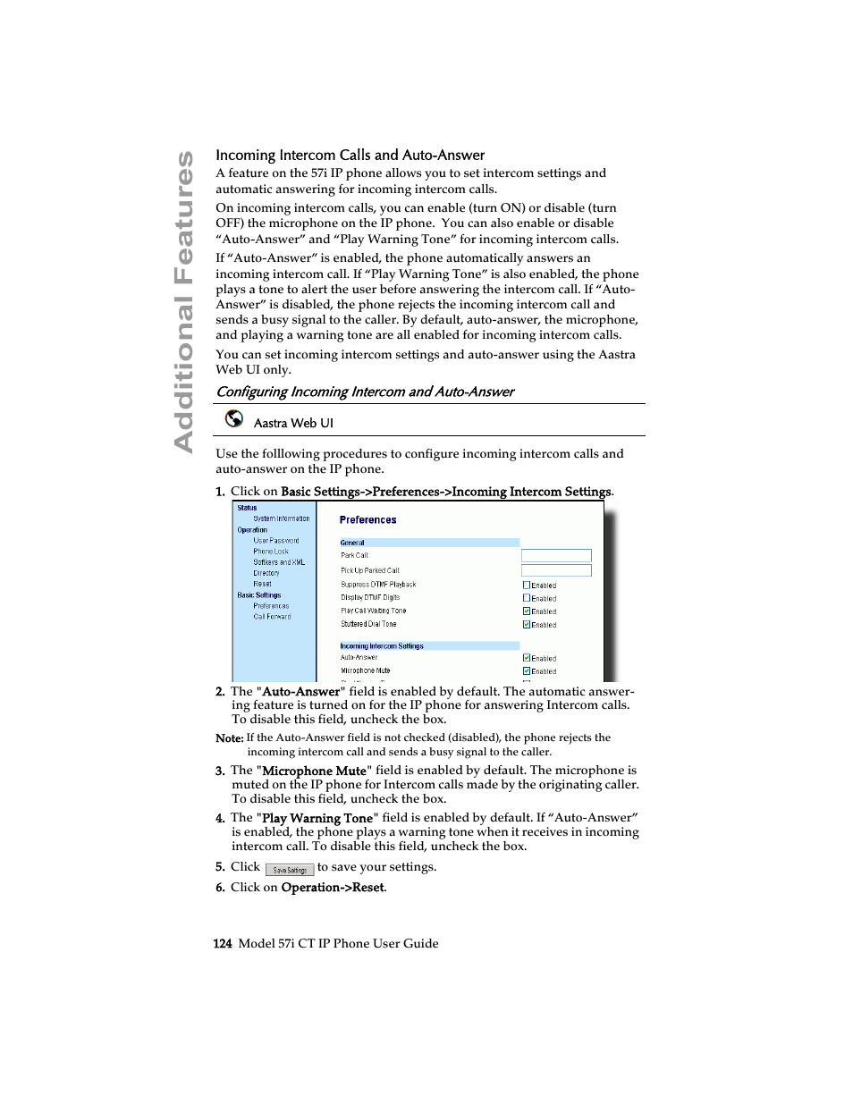 Incoming intercom calls and auto-answer, Configuring incoming intercom and auto-answer, Additional features | Aastra Telecom 57i CT IP Phone User Manual | Page 132 / 166