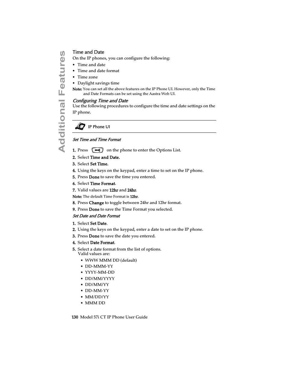 Time and date, Configuring time and date, Additional features | Aastra Telecom 57i CT IP Phone User Manual | Page 138 / 166