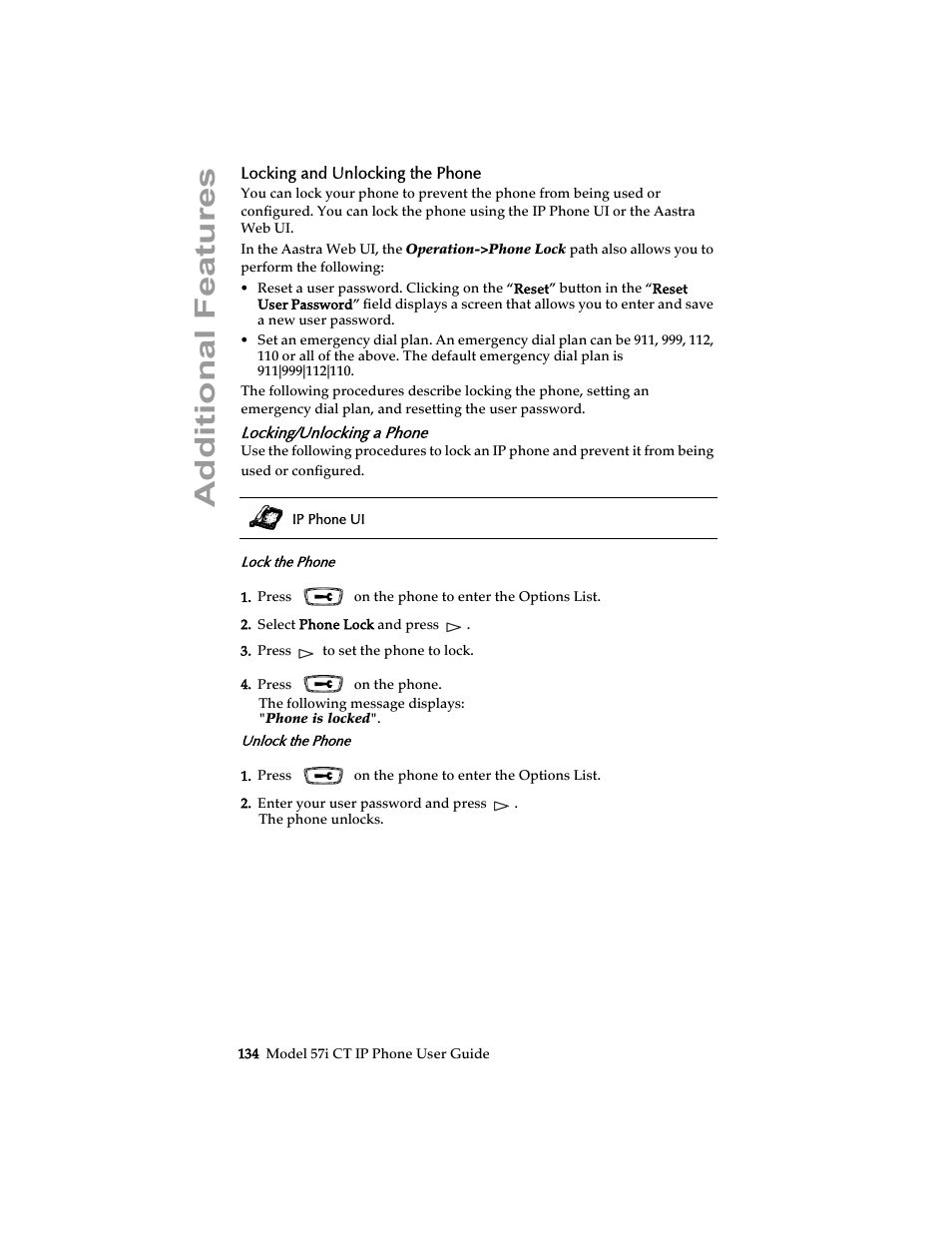 Locking and unlocking the phone, Locking/unlocking a phone, Additional features | Aastra Telecom 57i CT IP Phone User Manual | Page 142 / 166