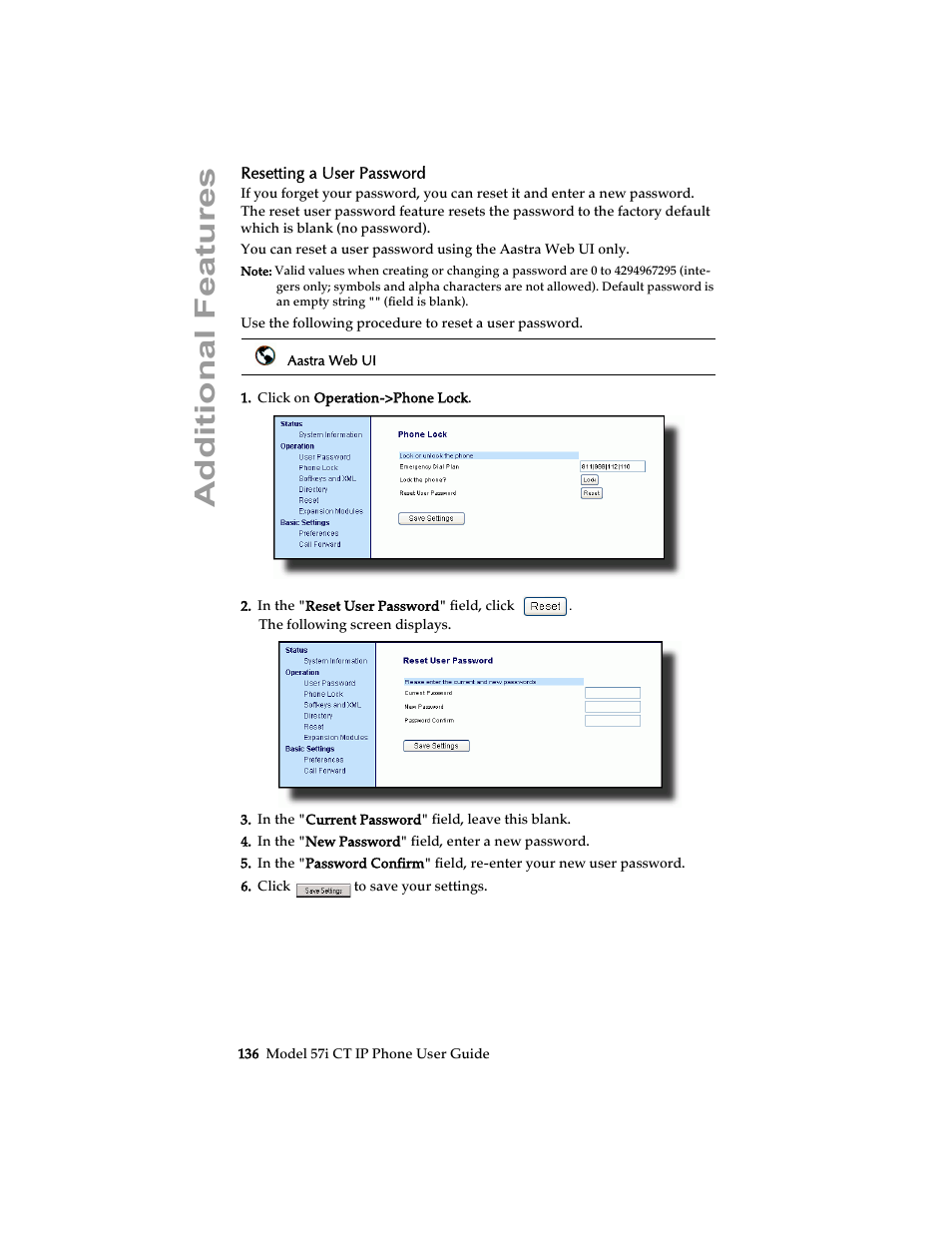 Resetting a user password, Additional features | Aastra Telecom 57i CT IP Phone User Manual | Page 144 / 166
