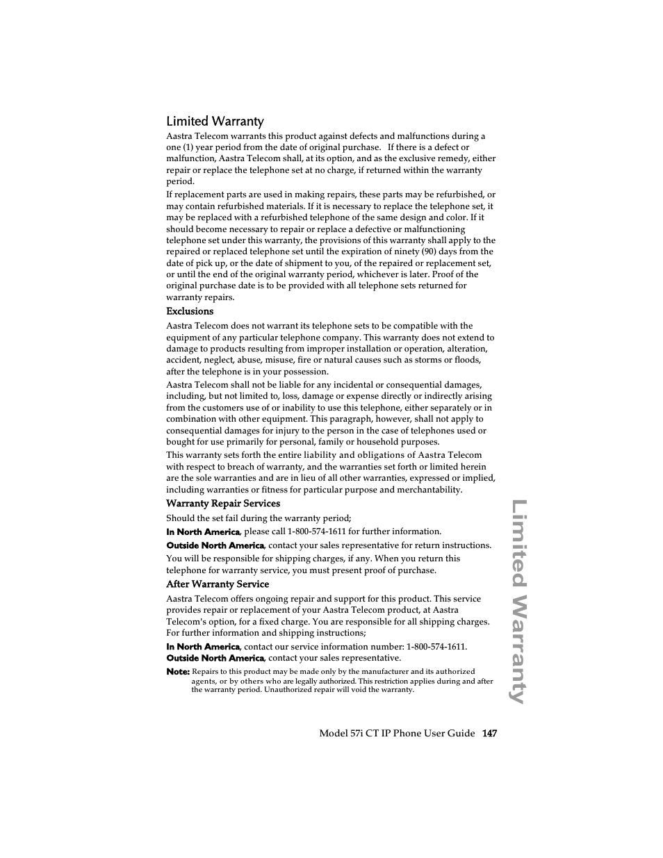 Limited warranty | Aastra Telecom 57i CT IP Phone User Manual | Page 155 / 166