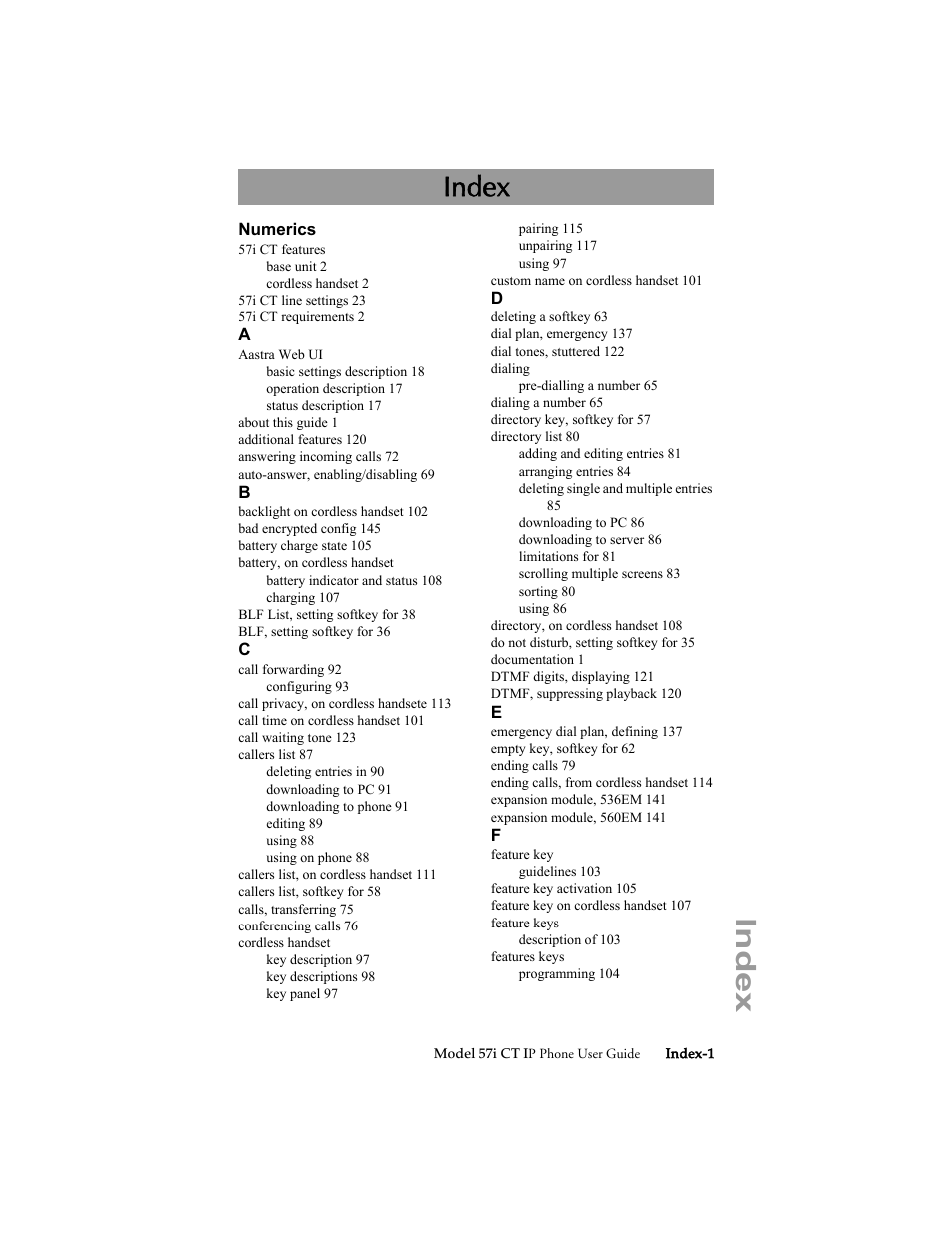 Index | Aastra Telecom 57i CT IP Phone User Manual | Page 161 / 166