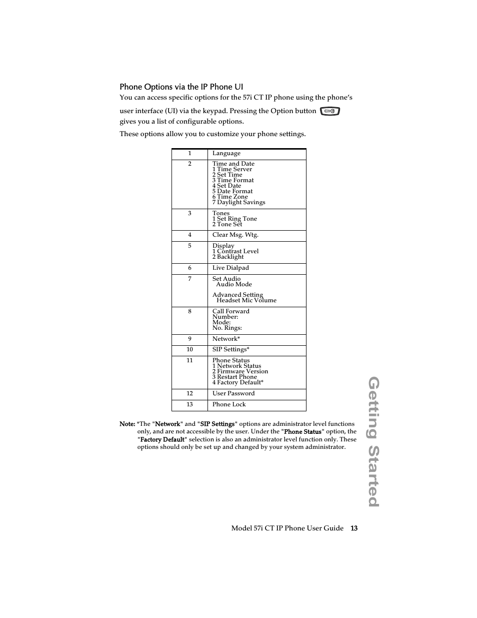 Phone options via the ip phone ui, Getting started | Aastra Telecom 57i CT IP Phone User Manual | Page 21 / 166