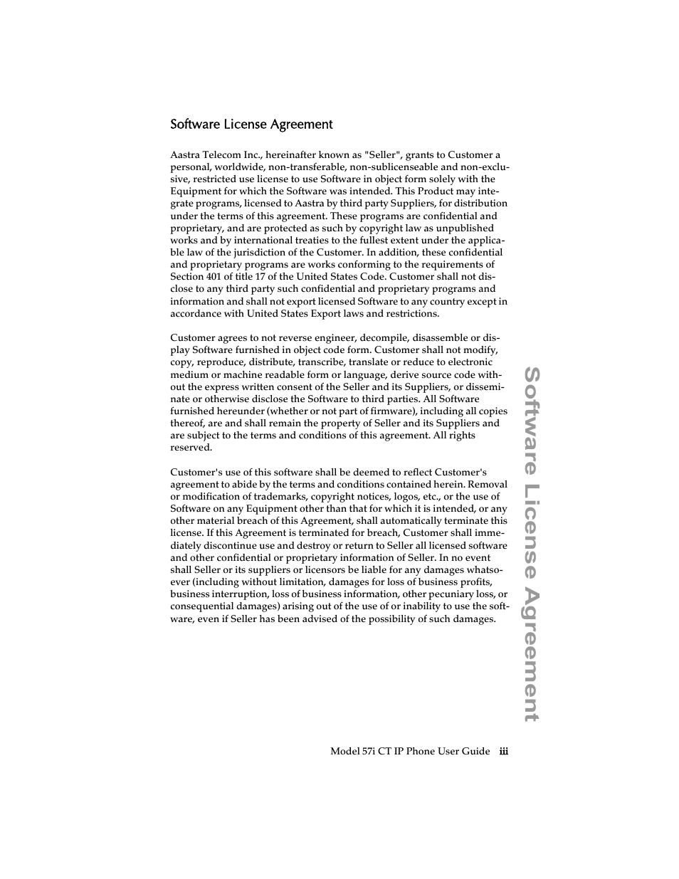 Software license agreement | Aastra Telecom 57i CT IP Phone User Manual | Page 3 / 166