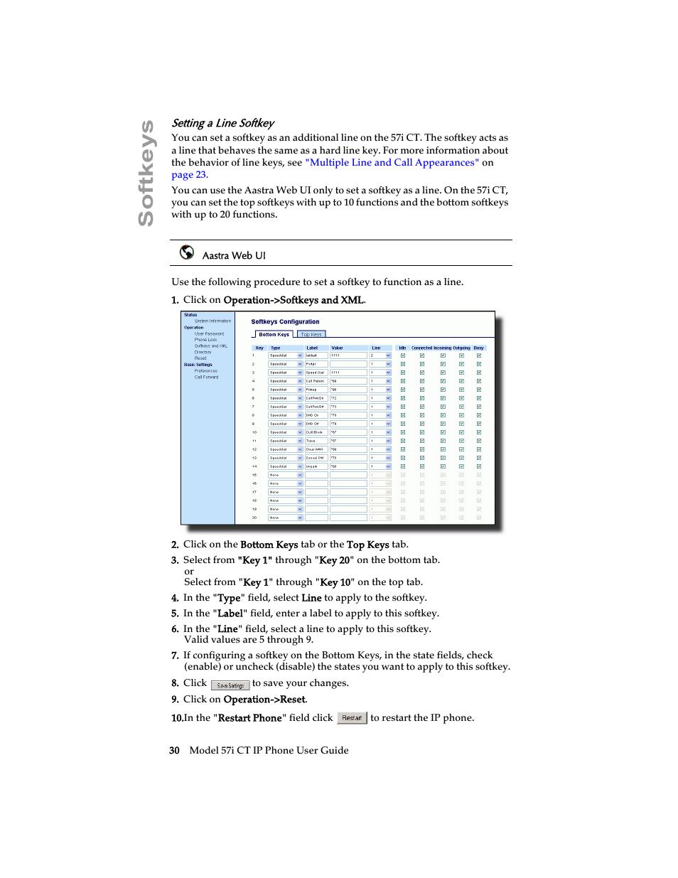 Setting a line softkey, Softkeys | Aastra Telecom 57i CT IP Phone User Manual | Page 38 / 166