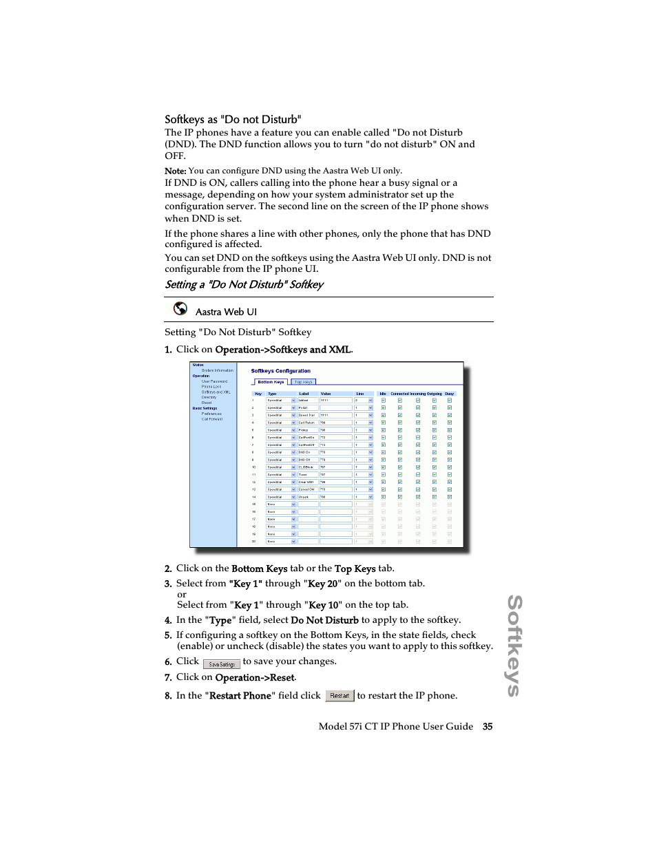 Softkeys as "do not disturb, Setting a "do not disturb" softkey, Softkeys | Aastra Telecom 57i CT IP Phone User Manual | Page 43 / 166