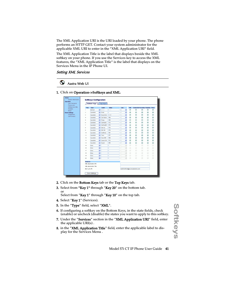 Setting xml services, Softkeys | Aastra Telecom 57i CT IP Phone User Manual | Page 49 / 166