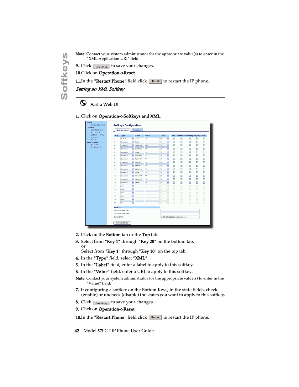 Setting an xml softkey, Softkeys | Aastra Telecom 57i CT IP Phone User Manual | Page 50 / 166