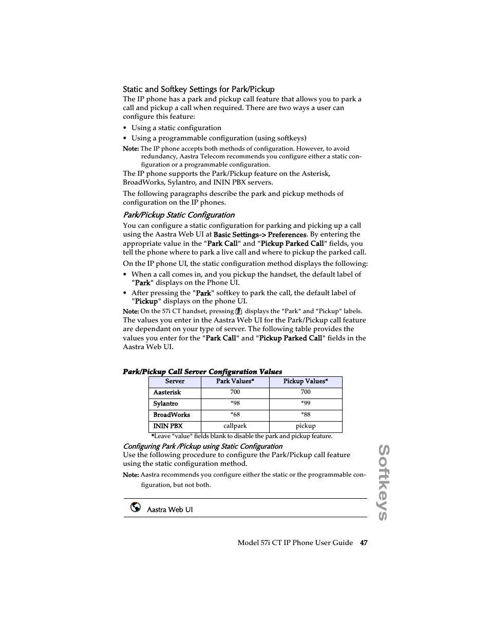 Static and softkey settings for park/pickup, Park/pickup static configuration, Softkeys | Aastra Telecom 57i CT IP Phone User Manual | Page 55 / 166