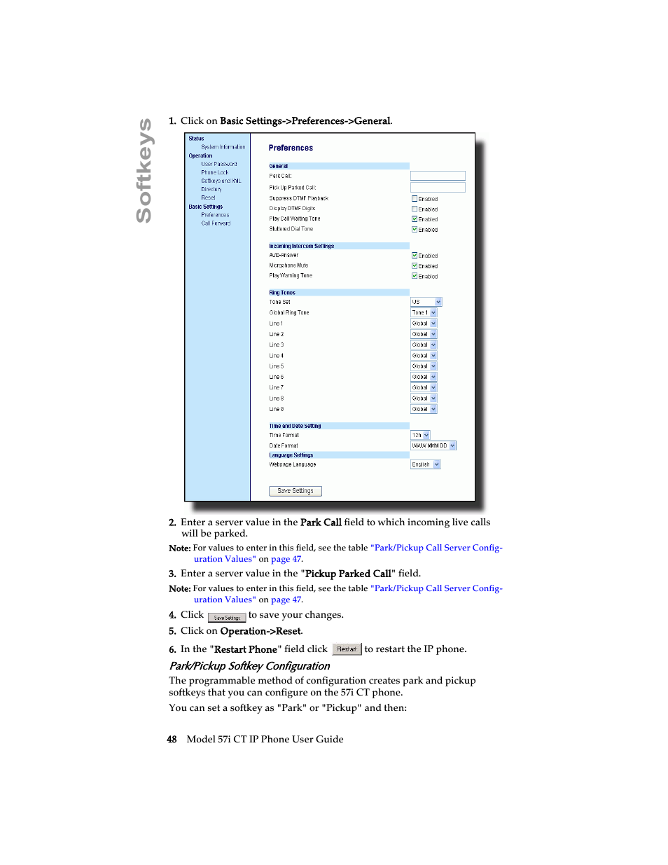 Park/pickup softkey configuration, Softkeys | Aastra Telecom 57i CT IP Phone User Manual | Page 56 / 166