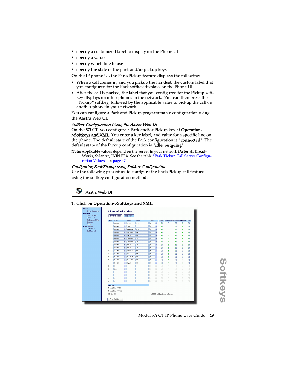 Softkeys | Aastra Telecom 57i CT IP Phone User Manual | Page 57 / 166