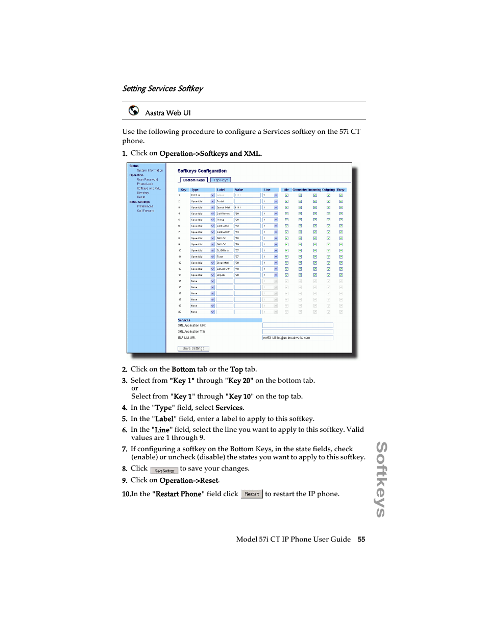 Setting services softkey, Softkeys | Aastra Telecom 57i CT IP Phone User Manual | Page 63 / 166